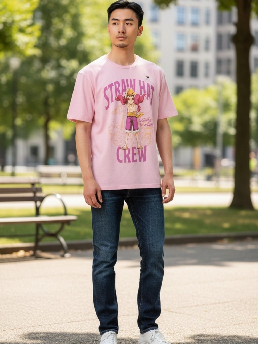 Onepiece Pink Straw Hat Crew Kids Tee with Luffy Graphic - Picture 3 of 6